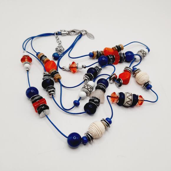 Chico’s Three Strand Beaded Necklace NWOT Blue Red White Multi Color Statement - Picture 7 of 12